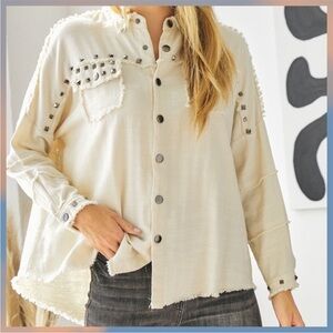 Studded Cream Button-Up Women's Top